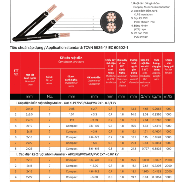Cáp điện kế - cáp Muller 2 ruột đồng (nhôm)